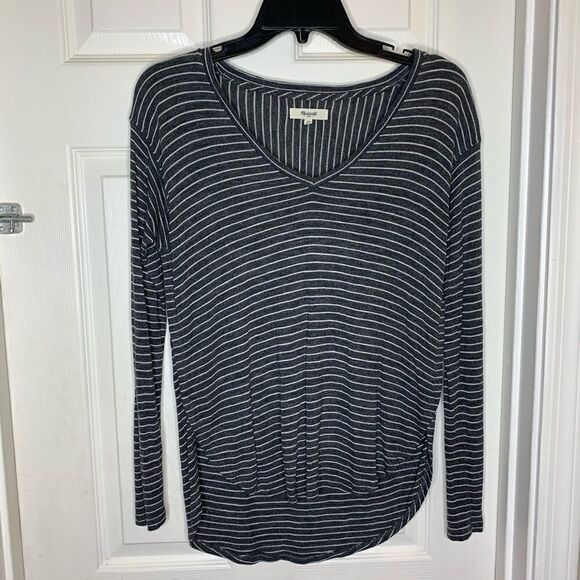 Madewell V Neck Long Sleeve Gray White Top - Picture 2 of 7